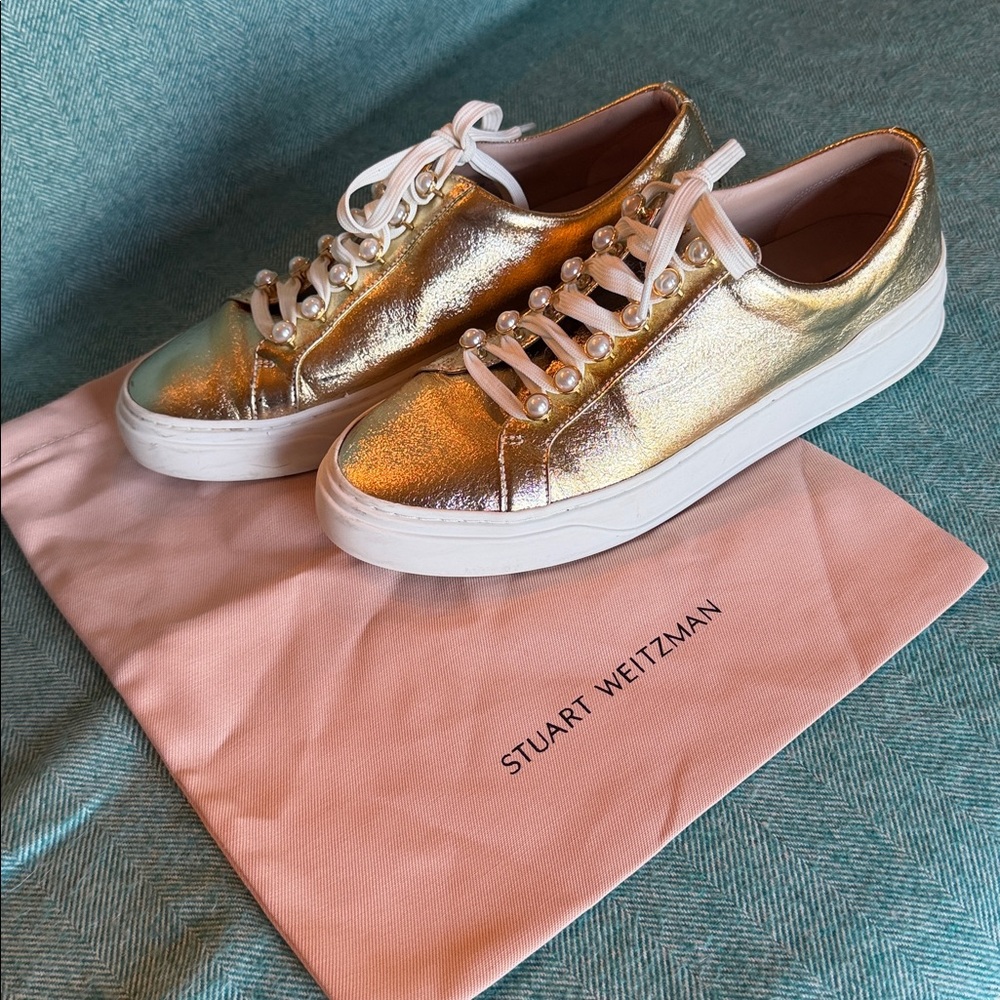Stuart Weitzman Gold Sneakers with Pearl Details